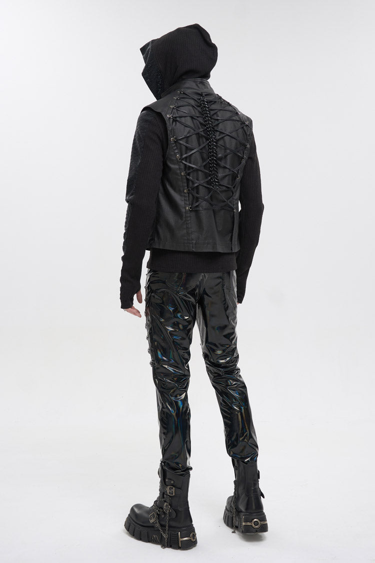 Black Front And Rear String Micro Stretch Cotton Stand Collar Men's Punk Vest - Product - 6