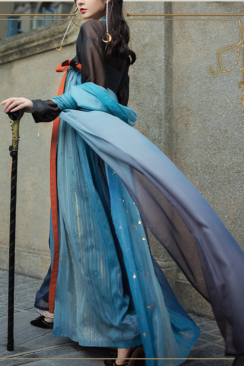 Black/Blue Hot Stamping Embroidered Ancient Flowy Classic Hanfu Dress Full Set - Product - 3
