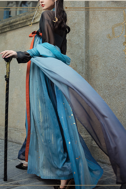 Black/Blue Hot Stamping Embroidered Ancient Flowy Classic Hanfu Dress Full Set - Product - 3
