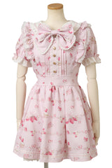Pink [Creamy Berry] Print Short Puff Sleeves Ruffle Bowknot Lace-Up Sweet Jirai Kei Japanese Dress - Product - 3