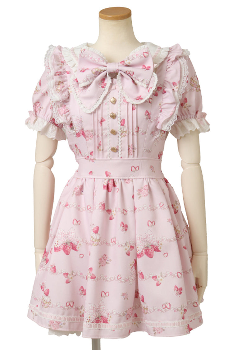 Pink [Creamy Berry] Print Short Puff Sleeves Ruffle Bowknot Lace-Up Sweet Jirai Kei Japanese Dress - Product - 3