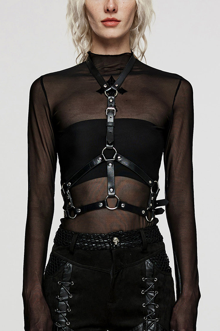 Black Adjustable Cross Metal Ring Buckle Women's Halter Steampunk Body Harness - Black - 1