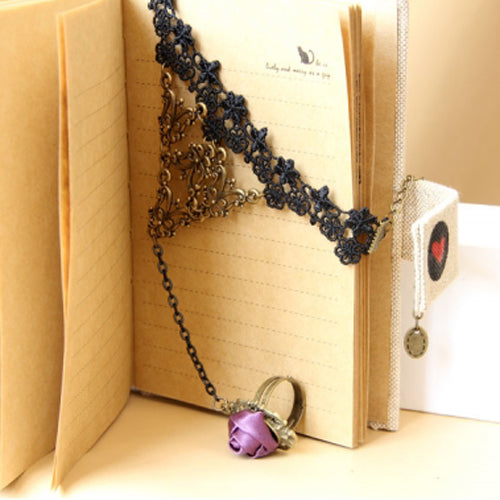 Black Retro Fashion Sweet Lace Rose Flower Female Bracelet Ring One Chain - Product - 5