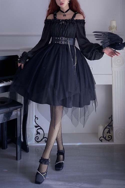 Twelve O'Clock Star Irregular Hem Gothic Lolita OP Dress - Black - 4
