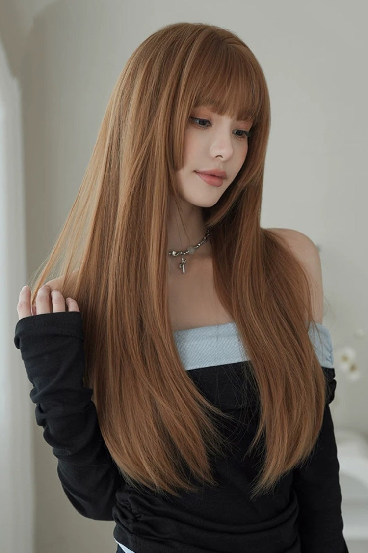 Mocha Mousse Korean Idol Chic Face-Framing Hime Cut Long Straight Wig with Full Bangs - Product - 5