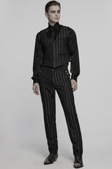 Black High Waisted Striped Print Men's Gothic Suit Pants - Product - 4