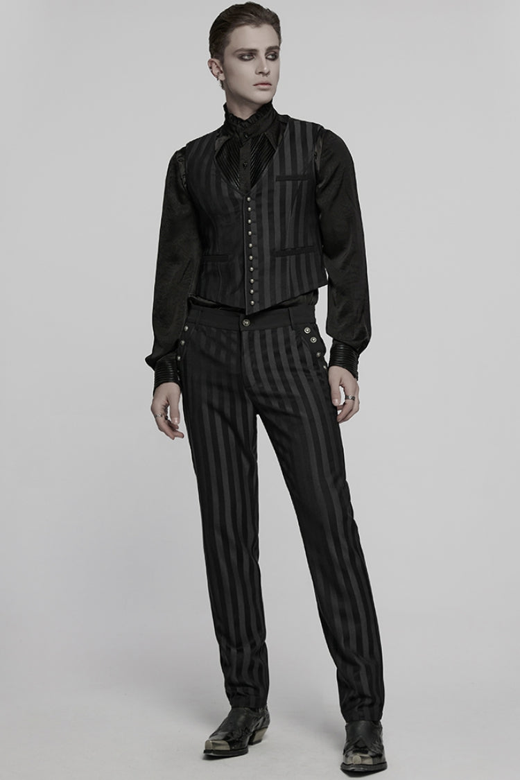 Black High Waisted Striped Print Men's Gothic Suit Pants - Product - 4