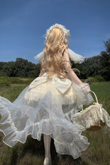 Apricot [Cream Cake] Sleeveless Multi-Layered Ruffle Bowknot Sweet Princess Lolita Jsk Dress Set - Product - 5