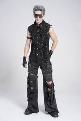 Black Sleeveless Studded Lace-Up Men's Gothic Distressed Vest - Product - 10