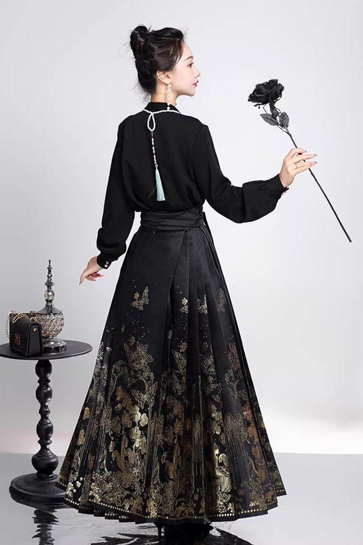 Black Long Sleeves High Waisted Printed Ruffled Foil-Stamped Gothic Hanfu Horse-face Skirt Set - Product - 4