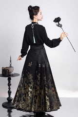 Black Long Sleeves High Waisted Printed Ruffled Foil-Stamped Gothic Hanfu Horse-face Skirt Set - Product - 4