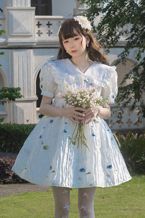 White French Lapel Collar Bubble Short Sleeves Floral Print High Waisted Sweet Lolita Dress - Product - 3