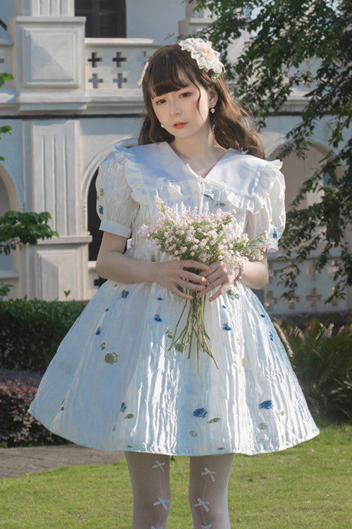 White French Lapel Collar Bubble Short Sleeves Floral Print High Waisted Sweet Lolita Dress - Product - 3