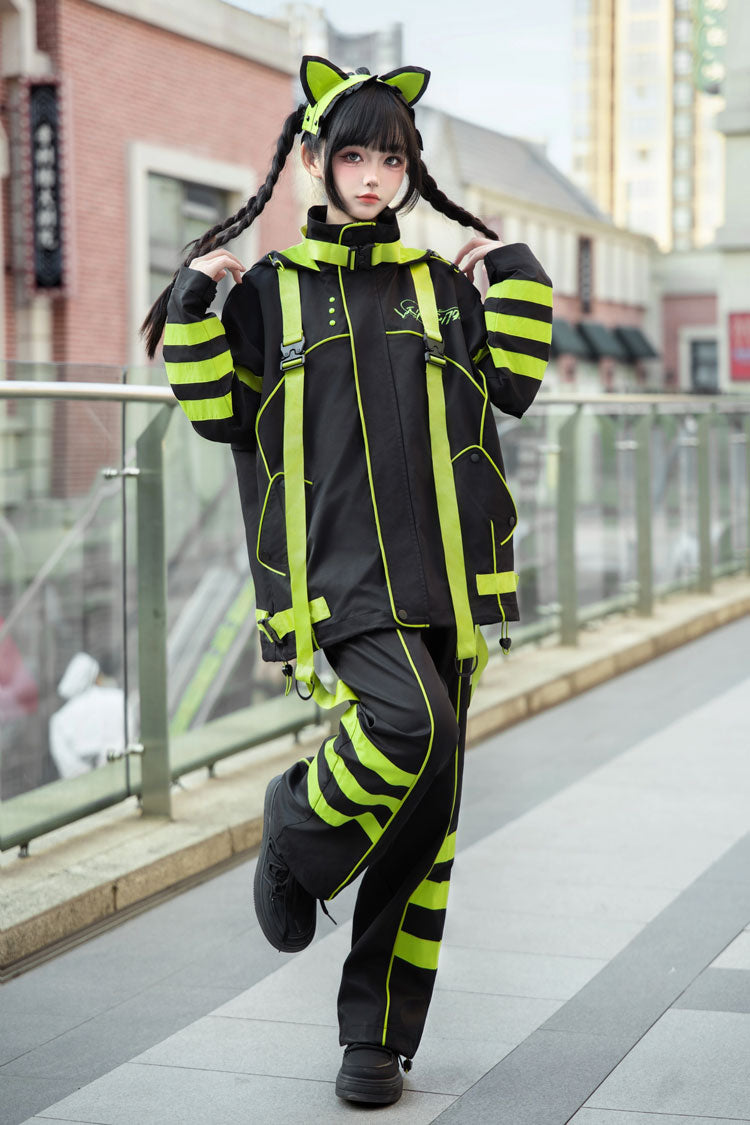 Yellow/Green/Black Long Sleeves Print Cat Ears Hooded Jirai Kei Handsome Coat - Product - 10