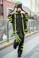 Yellow/Green/Black Long Sleeves Print Cat Ears Hooded Jirai Kei Handsome Coat - Product - 10