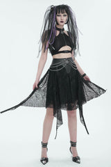 Black Irregular Half Hollow Knit Metal Chain Decorated Women's Punk Skirt - Product - 5