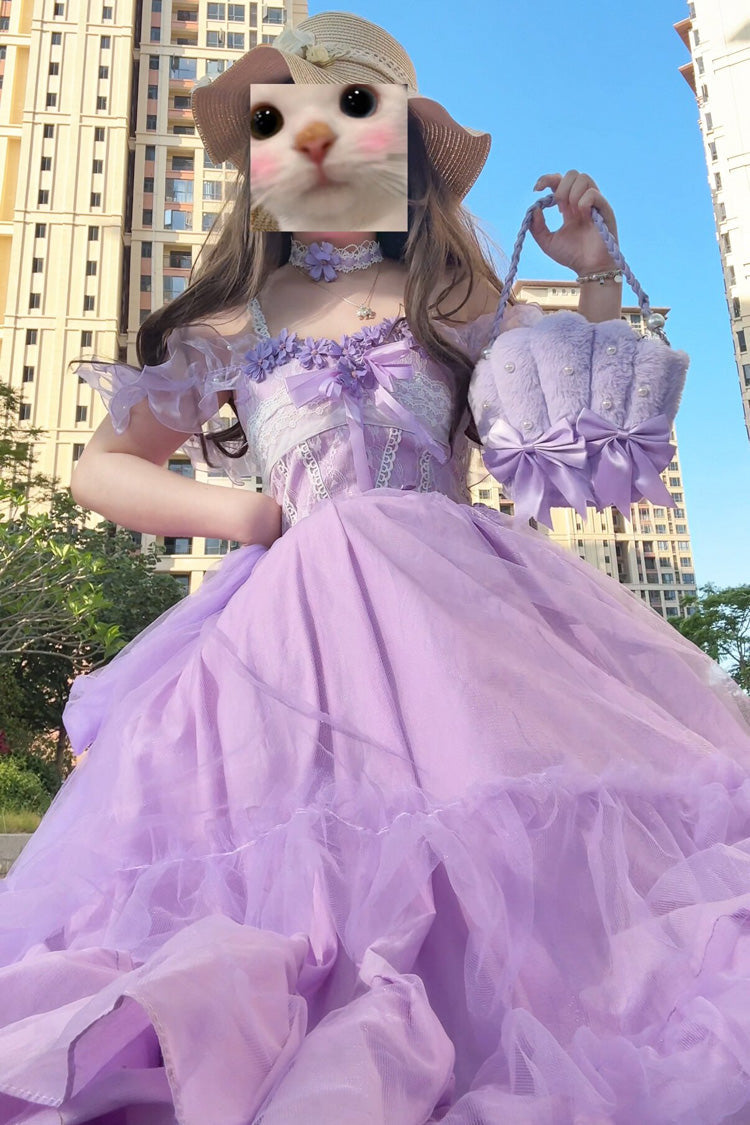 Purple [Wisteria] Sleeveless Multi-Layered Ruffled Hanayome Bow Sweet Plus Size Princess Lolita Dress - Product - 6