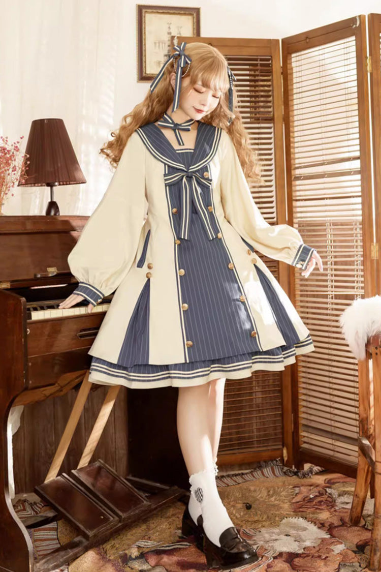 Blue/Apricot Navy Collar Long Sleeves Print Ruffle Bowknot Sweet Plus Size Lolita Dress - Product - 5
