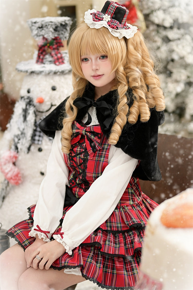 Red [Christmas Velvet Cake] Triple-Layered Printed Ruffled Bow Lace-Up Gothic Elegant Lolita Jsk Dress - Product - 18
