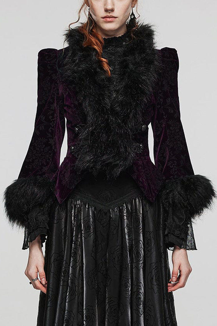Women's V Collar Long Sleeves Faux Fur Stitching Gothic Coat 4 Colors - Black-Violet - 15