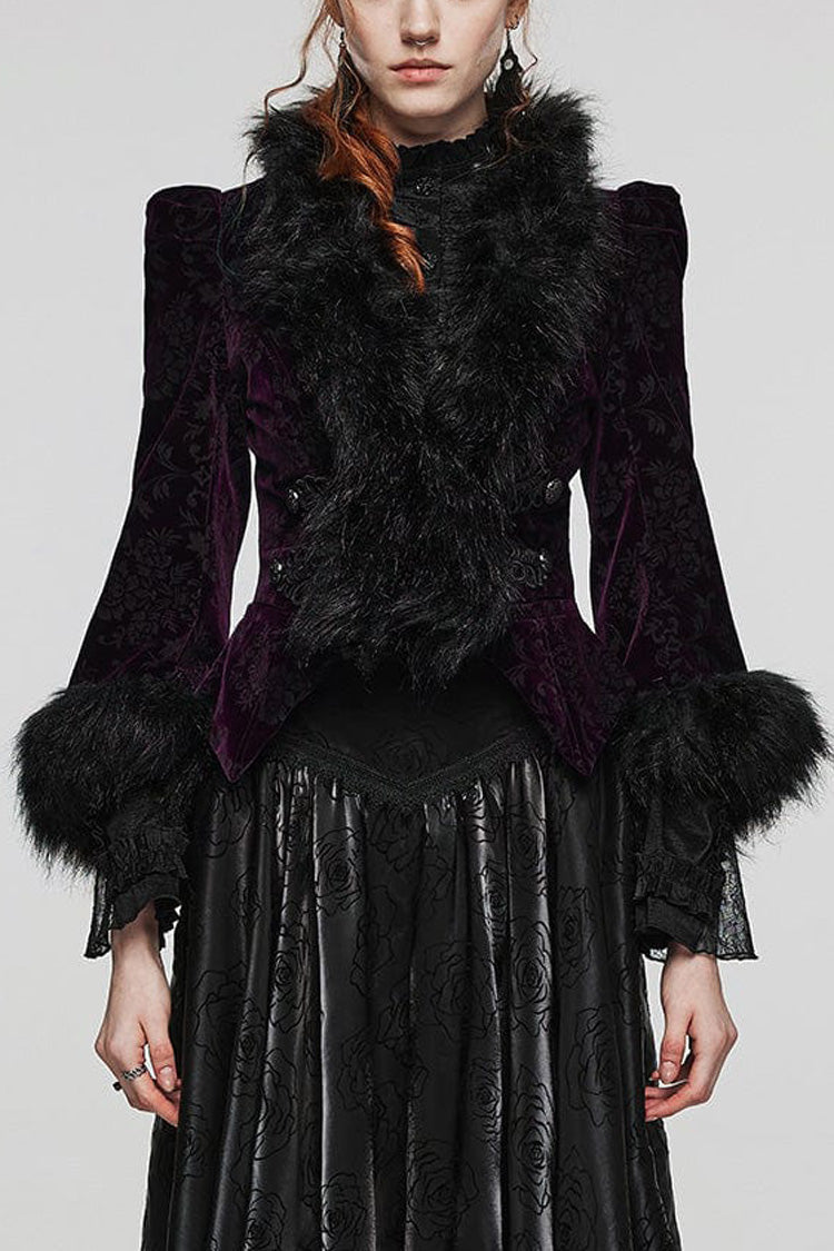 Women's V Collar Long Sleeves Faux Fur Stitching Gothic Coat 4 Colors - Black-Violet - 15