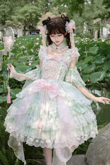 Green [Spring Waters Reflecting Pear Blossoms] Ruffled Embroidered Open-Front Bow Lace Sweet Lolita Jsk Dress - Green - 1