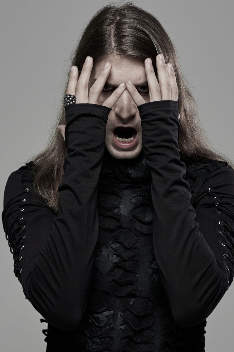 Black Long Sleeves Lace-Up Hooded Ripped Pleated Men's Gothic Cool T-Shirt - Product - 12