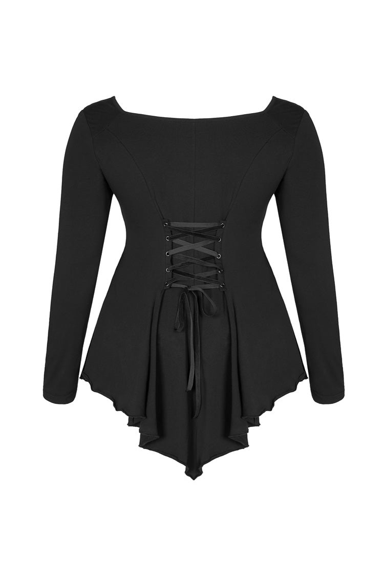 Black Big Round Collar Front Chest Decals Long Sleeve Back Waist Lace-Up Frill Hem Plus Size Women's Gothic T-Shirt - Product - 7