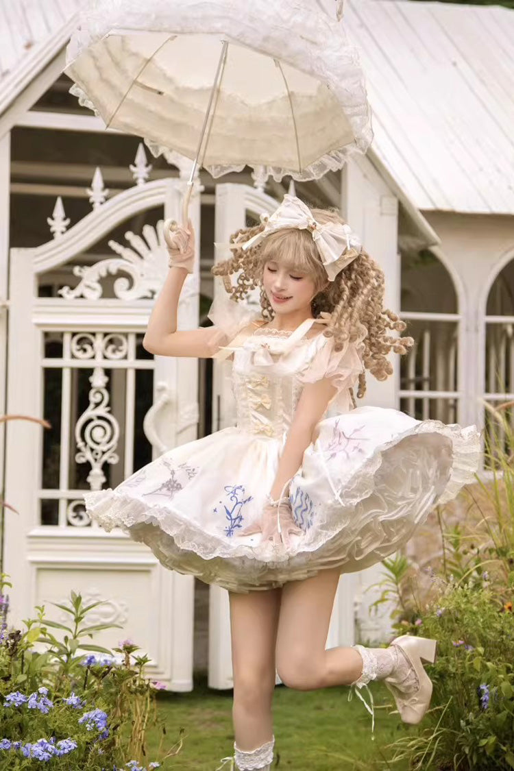 Champagne [The Twelve Zodiac Signs] Sleeveless Printed Ruffled Embroidered Bow Sweet Lolita Jsk Dress - Product - 6
