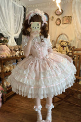 Pink [Snow Kissed Romance] Sleeveless High Waisted Multi-Layered Bowknot Lace Pearl Sweet Ballet Lolita Jsk Dress - Pink - 1