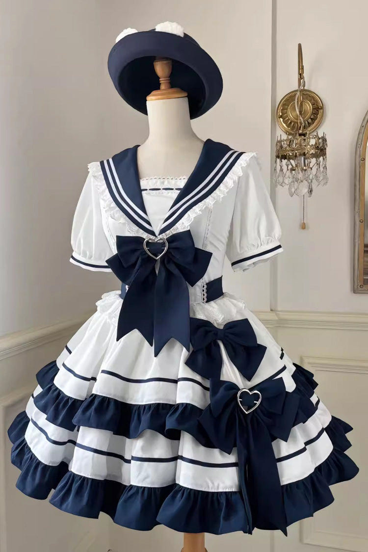 Dark Blue Navy Style Short Sleeves Double Layer Ruffle Bowknot Lace Sweet Lolita Dress - Blue - 1