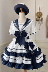 Dark Blue Navy Style Short Sleeves Double Layer Ruffle Bowknot Lace Sweet Lolita Dress - Blue - 1