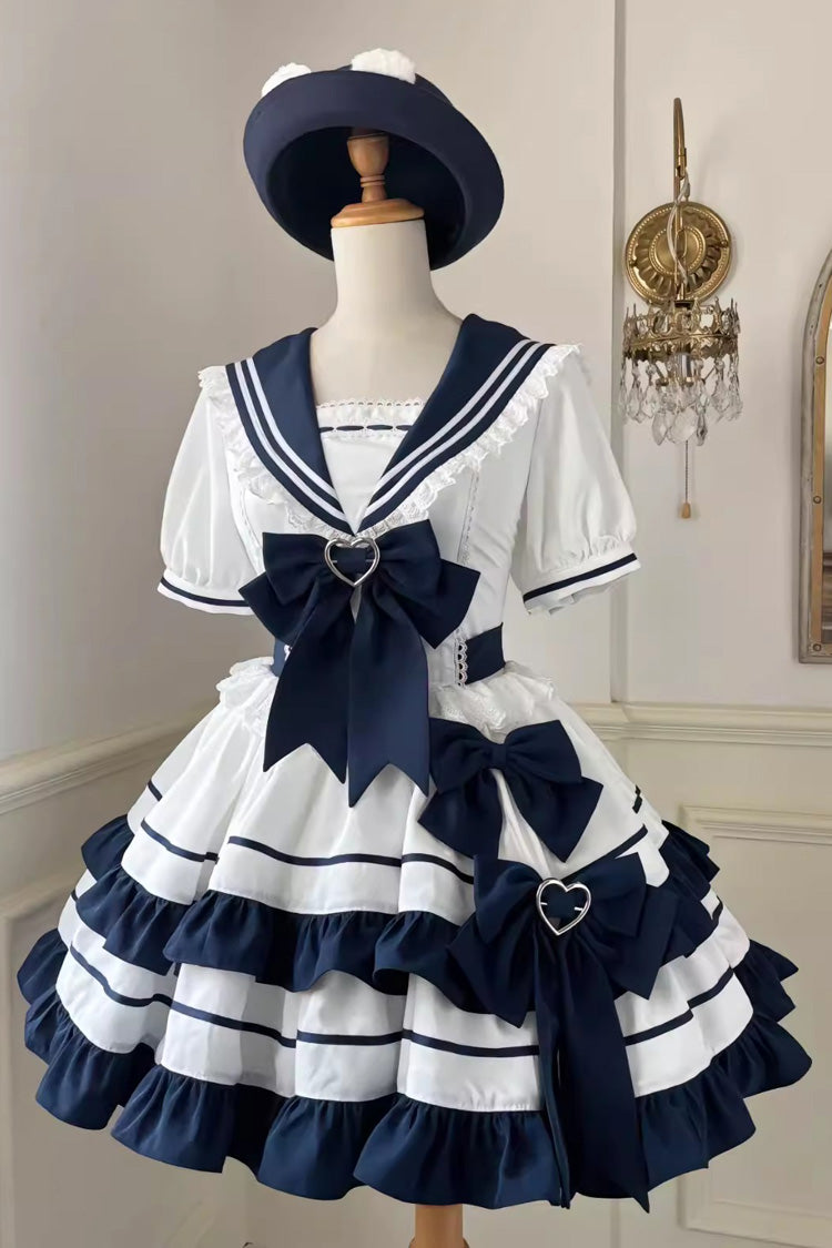Dark Blue Navy Style Short Sleeves Double Layer Ruffle Bowknot Lace Sweet Lolita Dress - Blue - 1