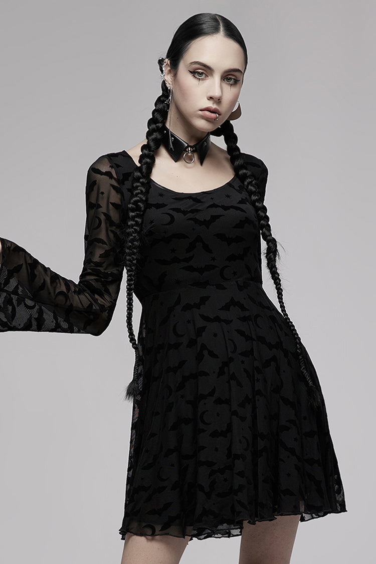 Black Minimalist Flared Sleeve Bat Moon Flocking Print Pattern Long Sleeves Punk Women's Dress - Product - 2