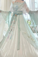 Green High Waisted Print Embroidery Sweet Hanfu Dress Full Set - Product - 3
