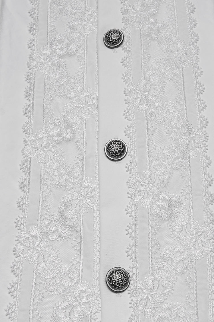 White Stand Collar Long Sleeves Ruffle Embroidery Pleated Men's Gothic Blouse - Product - 7