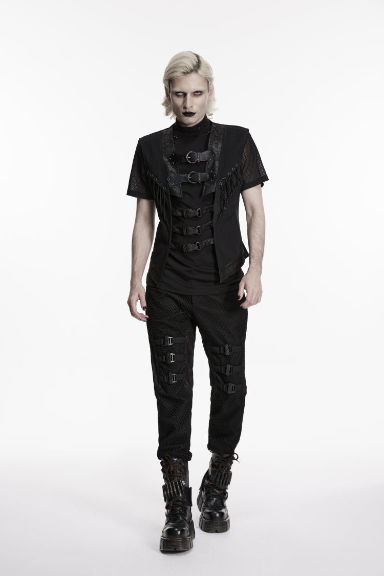 Black Cut-Out Lace-Up Slim Mesh Buckled Eyelet Men's Punk Handsome Vest - Product - 4