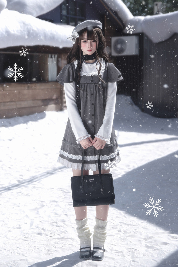 Grey Square Collar Long Sleeves Polka Dot Printed Ruffled Sweet Lolita Dress - Product - 13