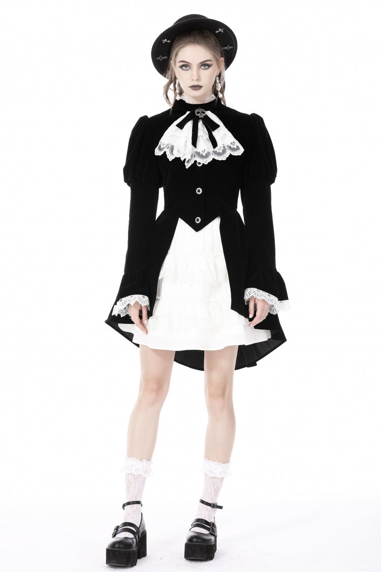 Black/White Frilly Collar Skull Bow Tie Long Puff Sleeves Lace Lace-Up Women's Gothic Vintage Velvet Jacket - Product - 9