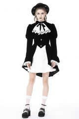 Black/White Frilly Collar Skull Bow Tie Long Puff Sleeves Lace Lace-Up Women's Gothic Vintage Velvet Jacket - Product - 9