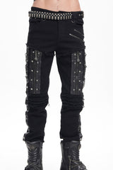 Black Stitching Eyelets Chains Studs Men's Gothic Pants - Product - 10