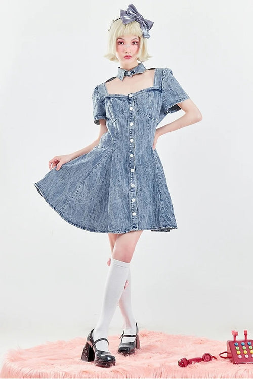 Blue Short Sleeves Single Breasted Ruffled Denim Sweet Lolita OP Dress - Product - 2