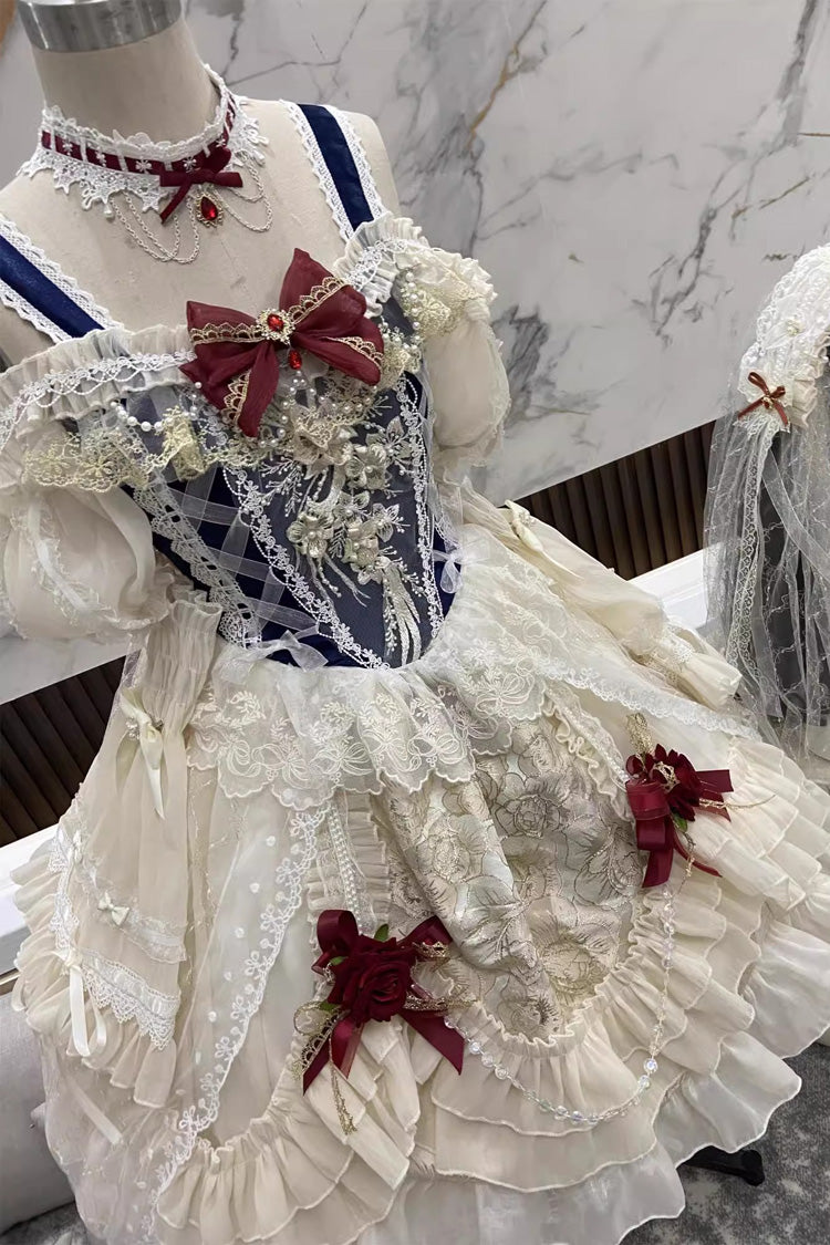 Blue/Ivory Snow White Off Shoulder Ruffle Cardigan Bowknot Lace Sweet Gorgeous Lolita Dress - Product - 5
