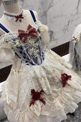 Blue/Ivory Snow White Off Shoulder Ruffle Cardigan Bowknot Lace Sweet Gorgeous Lolita Dress - Product - 5