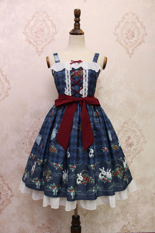 Strawberry Bunny Print Bowknot Ruffled Sweet Lolita JSK Dress 4 Colors - Blue - 5