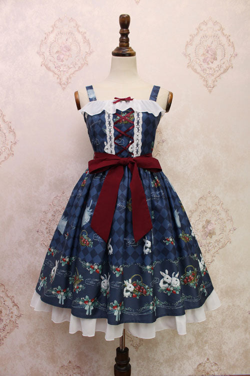 Strawberry Bunny Print Bowknot Ruffled Sweet Lolita JSK Dress 4 Colors - Blue - 5