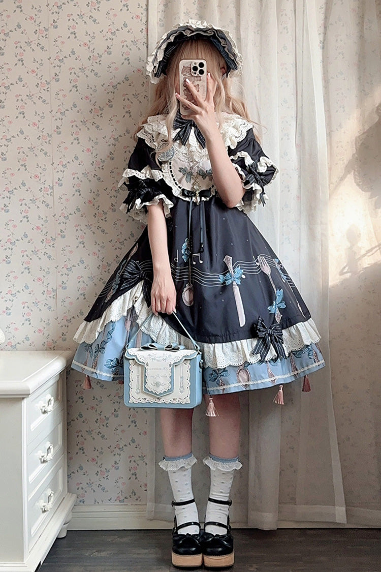Dark Blue [The Witch’s Banquet] Round Collar Short Sleeves Printed Ruffled Embroidered Bow Asymmetric Sweet Lolita Dress - Product - 4