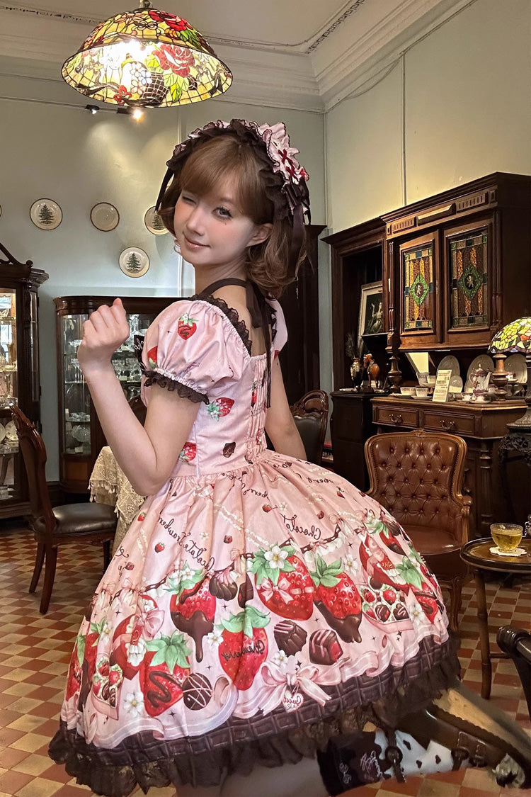 Pink [Strawberry Chocolate Lover] Square Collar Short Sleeves Printed Ruffled Bow Lace Sweet Lolita Dress - Product - 10