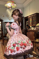 Pink [Strawberry Chocolate Lover] Square Collar Short Sleeves Printed Ruffled Bow Lace Sweet Lolita Dress - Product - 10