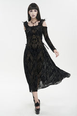 Black Off Shoulder Ruffled Flocked Print Long Women's Gothic Dress - Product - 2